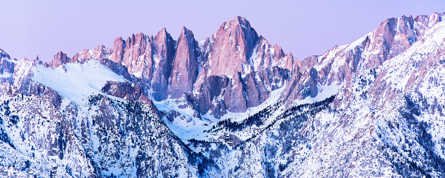 Snow-covered peaks of the Sierra Nevada glow with pink light at sunrise, viewed in winter from the Alabama Hills below Mount Whitney.
