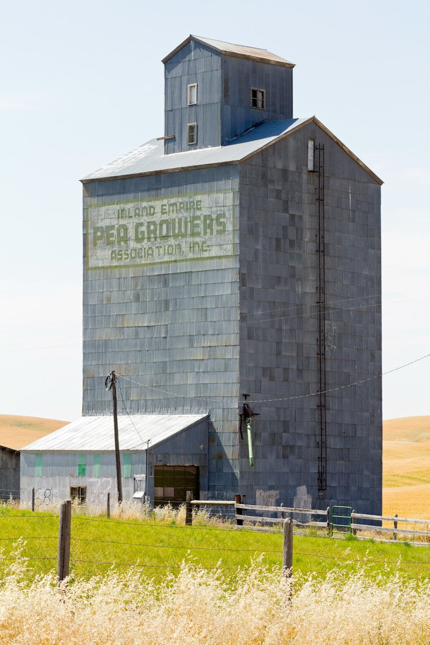A weathered metal grain elevator with a faded green sign reading “Inland Empire Pea Growers Association, Inc.” stands tall amid rolling golden hills in the Palouse region of eastern Washington on a bright summer day.