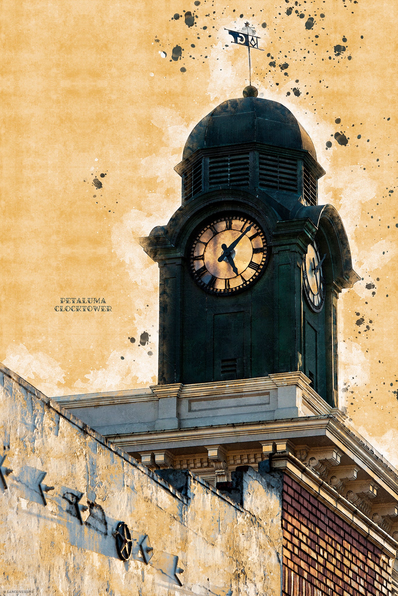 A digitally enhanced image of the historic Petaluma Clocktower, bathed in warm light with a painterly texture and vintage tones—part of the “Petaluma Landmarks” series.
