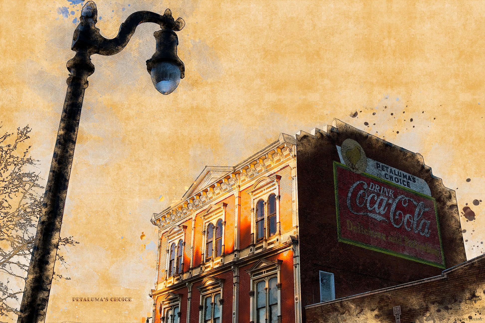 A digitally altered image of a historic ironfront building in downtown Petaluma, California, featuring a vintage Coca-Cola advertisement reading “Petaluma’s Choice” on its brick facade; stylized to resemble a painting as part of the “Petaluma Landmarks” s