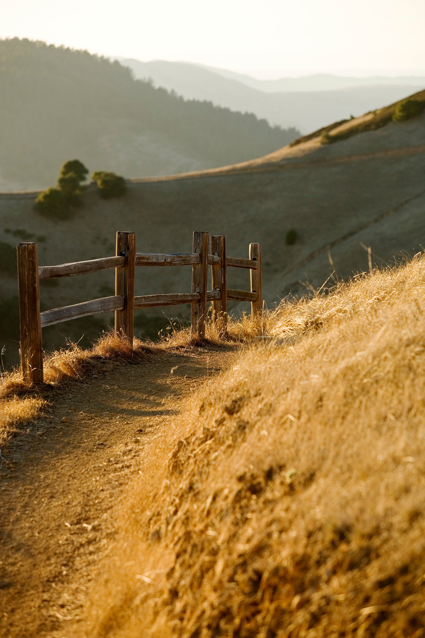 Golden light falls on a narrow dirt path and rustic wooden fence along the Big Rock Trail near Skywalker Ranch, with rolling hills and layered ridgelines in the distance on a late Halloween afternoon.