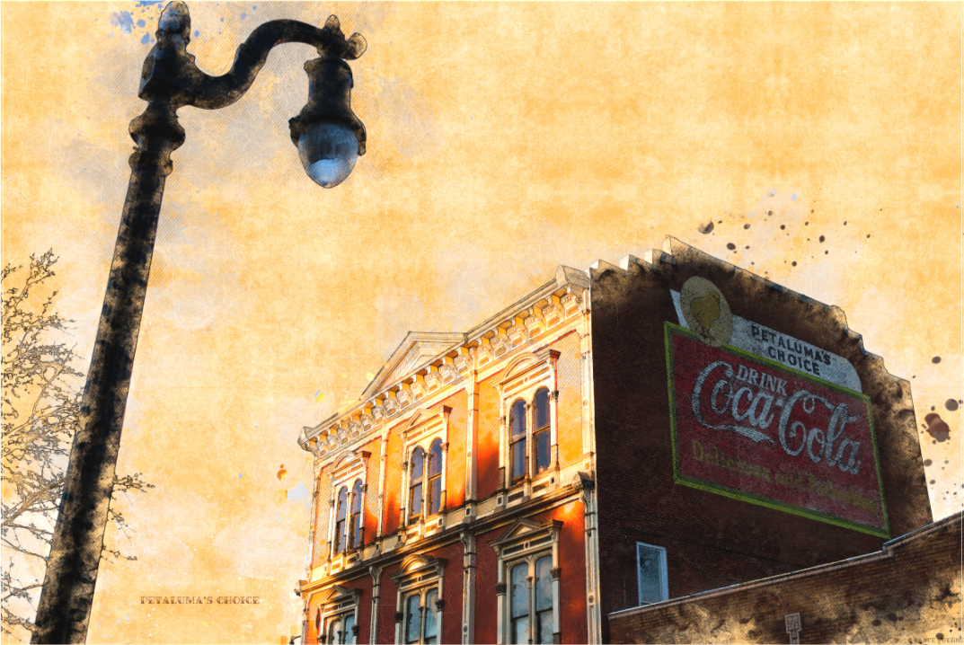 A digitally altered image of a historic ironfront building in downtown Petaluma, California, featuring a vintage Coca-Cola advertisement reading “Petaluma’s Choice” on its brick facade; stylized to resemble a painting as part of the “Petaluma Landmarks” s