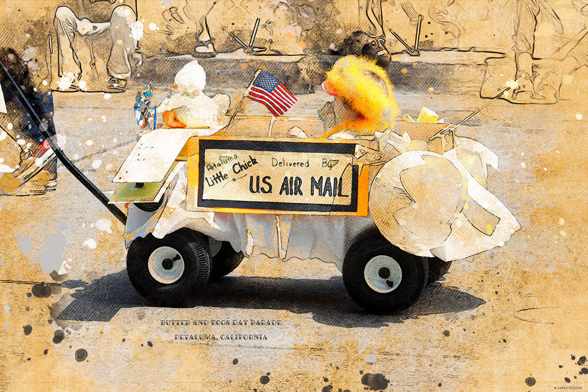 A playful, painterly-style image of a decorated wagon in Petaluma’s Butter and Eggs Day Parade, featuring toy chicks, an American flag, and “US Air Mail” sign.