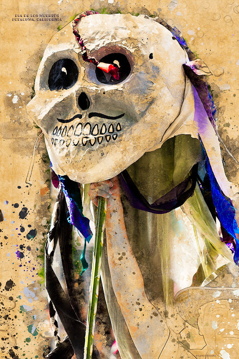 A painterly image of a papier-mâché skull mask adorned with ribbons and vibrant fabric, carried during Petaluma’s Butter and Eggs Day Parade to honor Día de los Muertos.