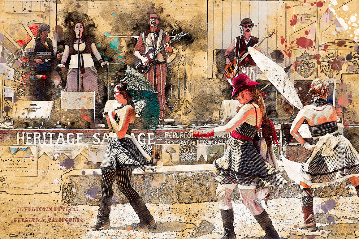 A stylized, painterly image of the Rivertown Revival festival in Petaluma, California, featuring a live band performing onstage behind costumed dancers twirling in vintage attire with parasols, part of the Petaluma Landmarks series.