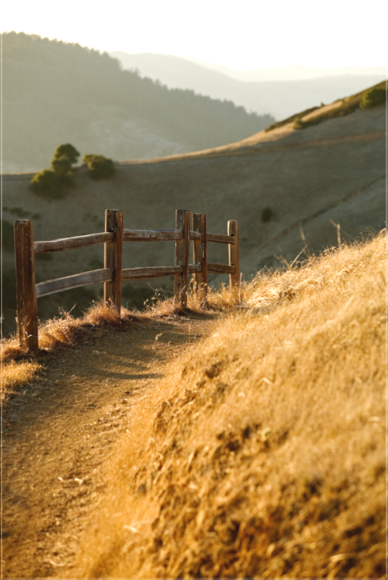 Golden light falls on a narrow dirt path and rustic wooden fence along the Big Rock Trail near Skywalker Ranch, with rolling hills and layered ridgelines in the distance on a late Halloween afternoon.