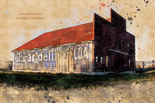Digitally altered photo of the historic Ghirardelli Barn in Petaluma, California, with faded cocoa signage and a red roof, styled like a vintage painting.