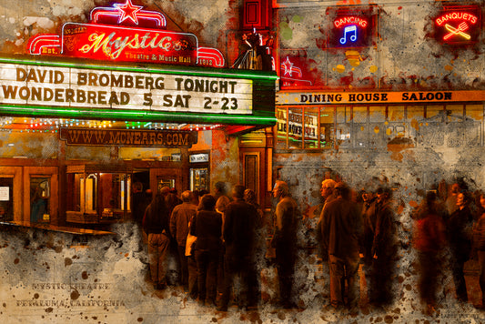 A digitally altered photograph resembling a painting, showing a crowd gathered outside the illuminated Mystic Theatre and McNear’s Saloon on a winter evening in Petaluma, California, part of the Petaluma Landmarks series.