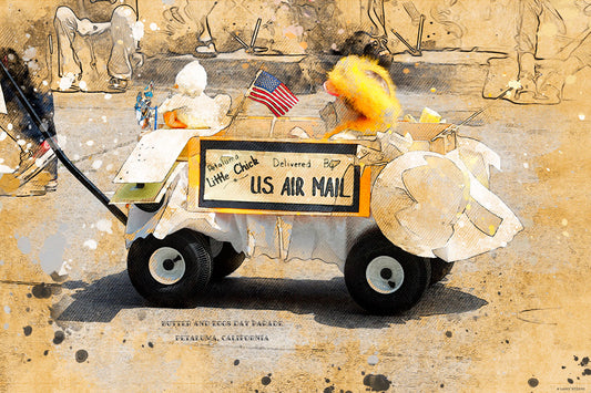A playful, painterly-style image of a decorated wagon in Petaluma’s Butter and Eggs Day Parade, featuring toy chicks, an American flag, and “US Air Mail” sign.