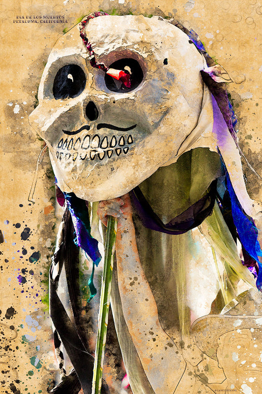 A painterly image of a papier-mâché skull mask adorned with ribbons and vibrant fabric, carried during Petaluma’s Butter and Eggs Day Parade to honor Día de los Muertos.