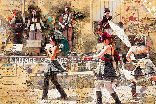 A stylized, painterly image of the Rivertown Revival festival in Petaluma, California, featuring a live band performing onstage behind costumed dancers twirling in vintage attire with parasols, part of the Petaluma Landmarks series.