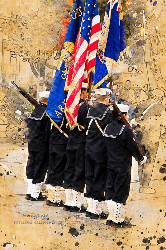 Sailors in dress uniform carry flags during Petaluma’s Veterans Day parade, with the scene artistically altered to resemble a painting as part of the Petaluma Landmarks series.